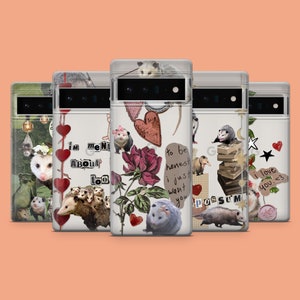 May include: Set of six phone cases featuring different designs with opossums, flowers, hearts, and text. The text on the cases includes "im meni about", "to be honest i just want you", "possum", and "i love you <3".