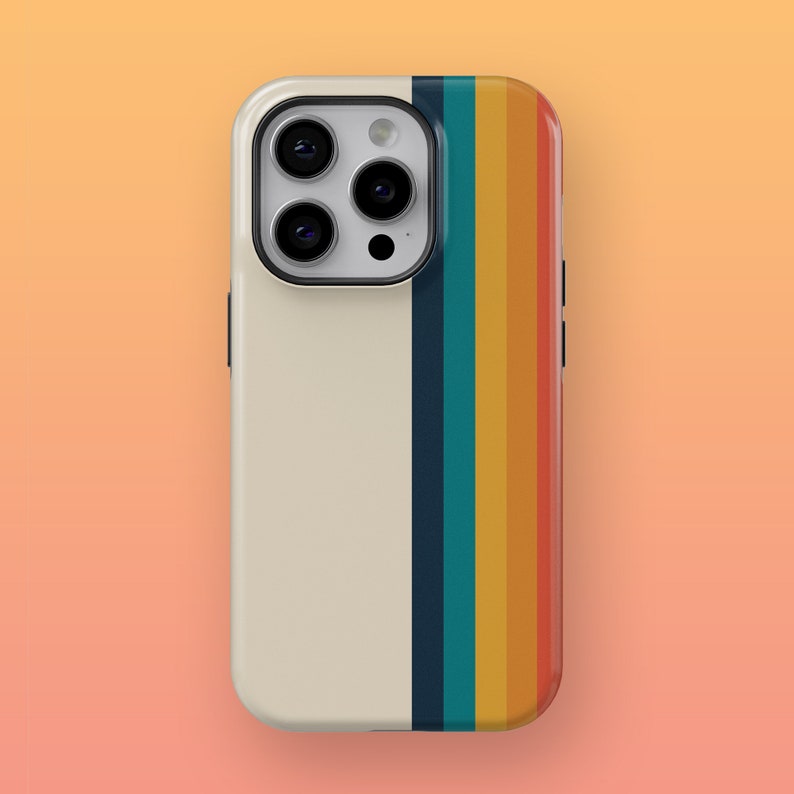 May include: A white phone case with a vertical stripe of rainbow colors. The case has a camera lens cutout with three black circles.