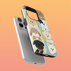 Puede incluir: Una funda de teléfono negra con un patrón colorido de diferentes razas de perros. La funda tiene un recorte para el objetivo de la cámara y un borde elevado alrededor de los bordes para proteger la pantalla.