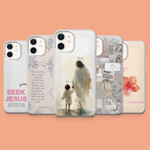 May include: Set of five phone cases with different designs. The cases feature religious themes, including a painting of Jesus and a child, a floral design, and a collage of images with the text "Cast your anxieties on him, he cares".