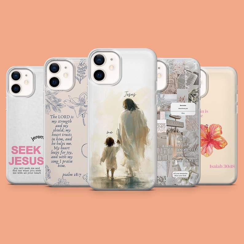 May include: Set of five phone cases with different designs. The cases feature religious themes, including a painting of Jesus and a child, a floral design, and a collage of images with the text "Cast your anxieties on him, he cares".