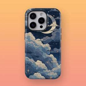 May include: A phone case with a dark blue background featuring a crescent moon and white clouds with a starry sky pattern.