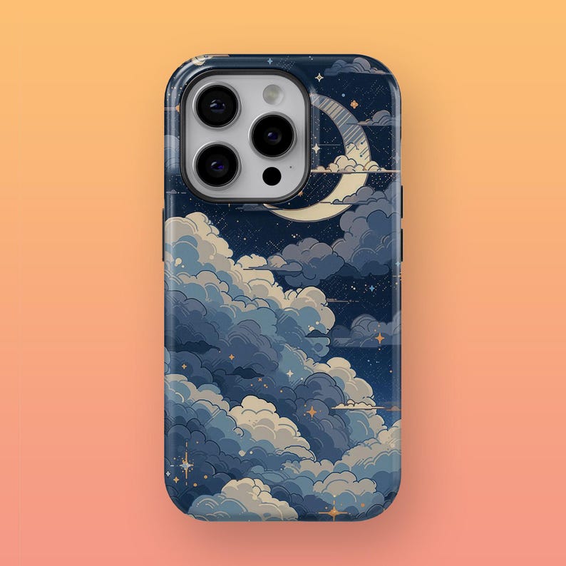 May include: A phone case with a dark blue background featuring a crescent moon and white clouds with a starry sky pattern.