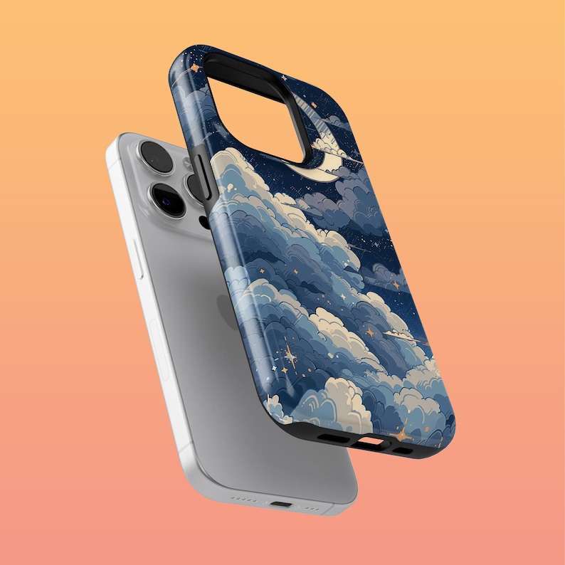 May include: A blue and white phone case with a moon and clouds design. The case is made of a hard plastic material and has a matte finish.