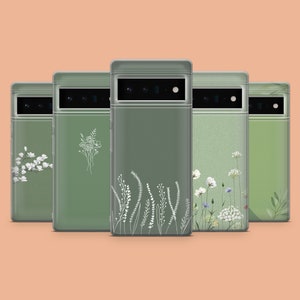 Green Boho Phone Case Sage Flowers Phone Cover for Google Pixel 10, 9A, 9Pro XL, 8A, 8Pro, 7A, Samsung S25, S24Fe, A15, iPhone 17Pro, 16E, X