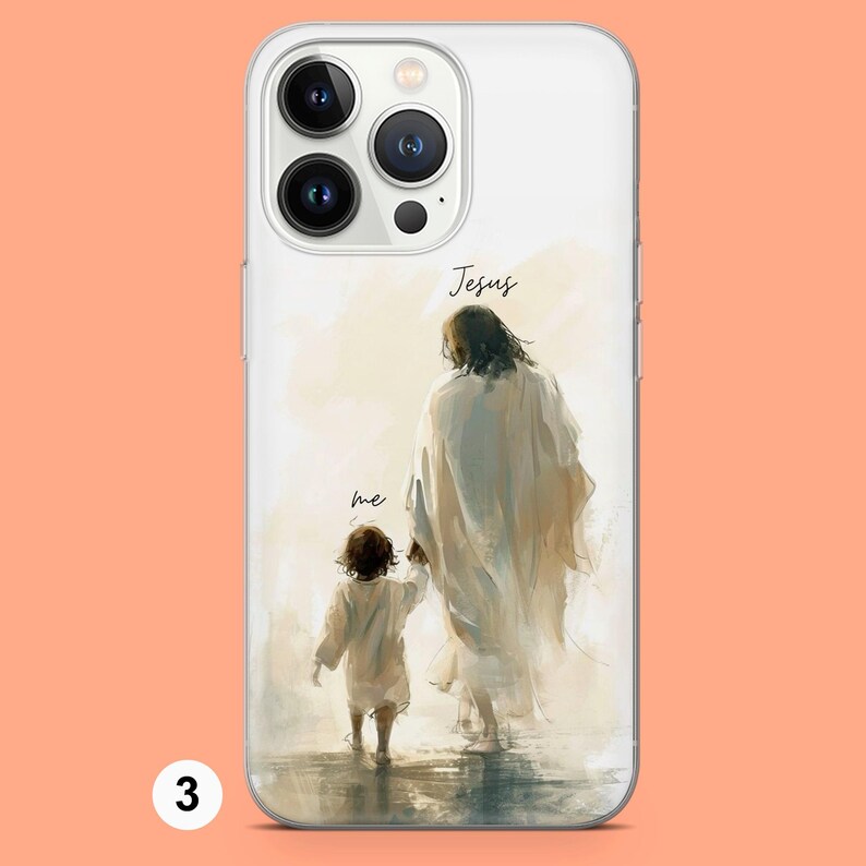 May include: A clear phone case with a watercolor illustration of Jesus and a child walking together. The text "Jesus" and "me" are written on the case.