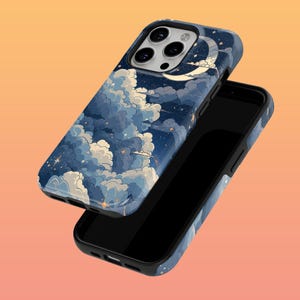 May include: A black phone case with a blue and white design of clouds and stars. The case has a cutout for the phone's camera.