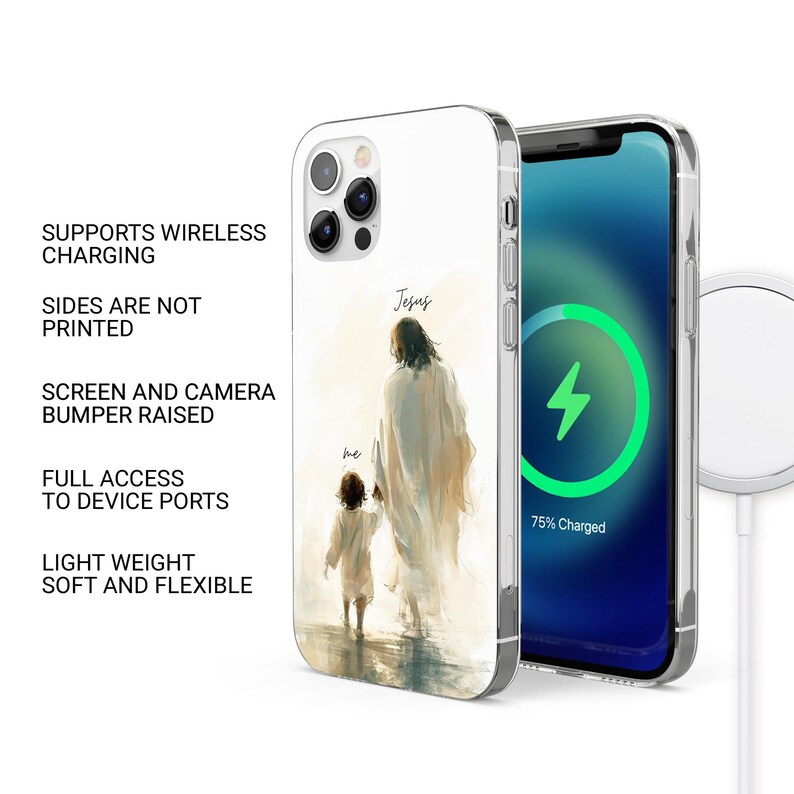 May include: A clear phone case with a colorful image of Jesus and a child. The case has a raised bumper to protect the phone's screen and camera. The text "Jesus" and "me" are visible on the case. The case supports wireless charging.