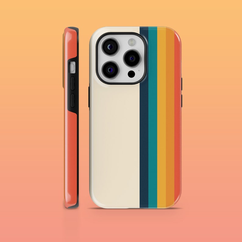 May include: A white phone case with a retro-style rainbow stripe design. The case has a raised camera bump with three lenses.