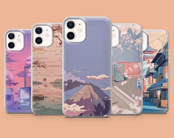 May include: Five different phone cases featuring various Japanese-inspired designs. The cases are clear and showcase the designs through the plastic. The designs include a cityscape, a mountain range, a cherry blossom tree, and a sunset.