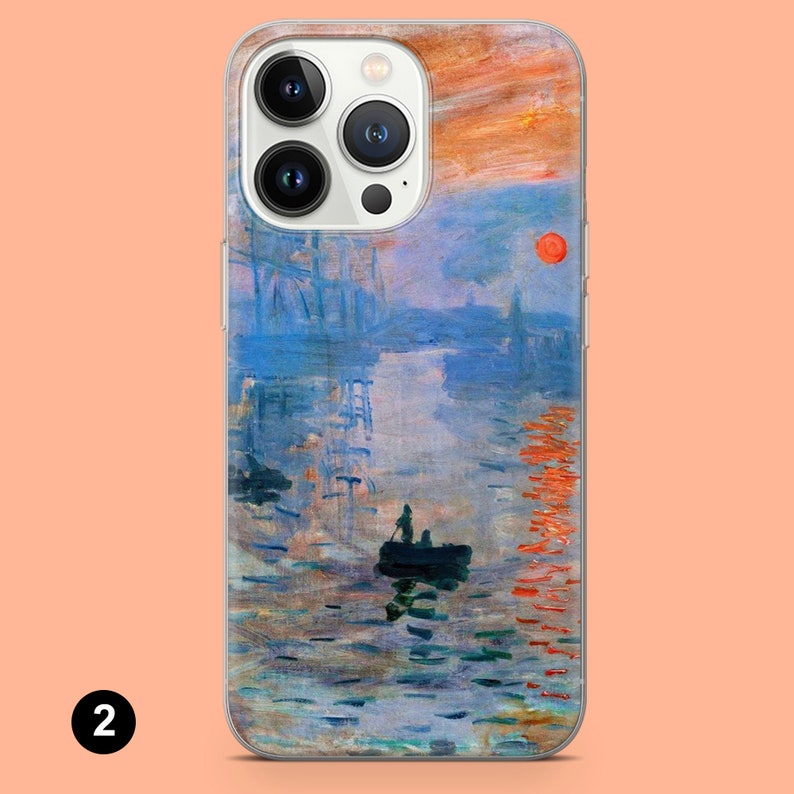 May include: A clear phone case with a painting of a sunrise over a harbor. The painting is in a muted blue and orange color palette. A small boat with two figures is in the foreground.