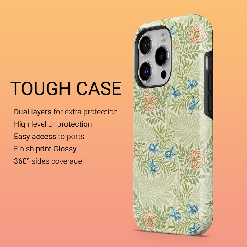 May include: A tough phone case with a floral pattern in shades of green, blue, and peach. The case is designed to protect your phone from drops and scratches. It has a glossy finish and 360&deg; sides coverage.