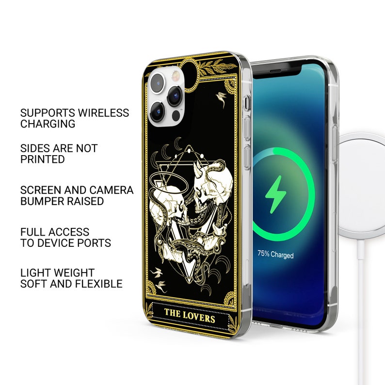 May include: A black and gold iPhone case with a tarot card design featuring two skeletons with a snake and the words "The Lovers".