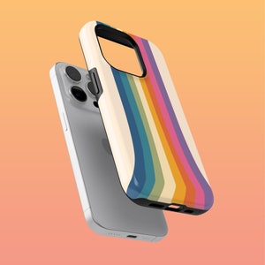 May include: A white phone case with a rainbow stripe design. The case is made of a hard plastic material and has a raised lip around the camera lens to protect it from scratches.