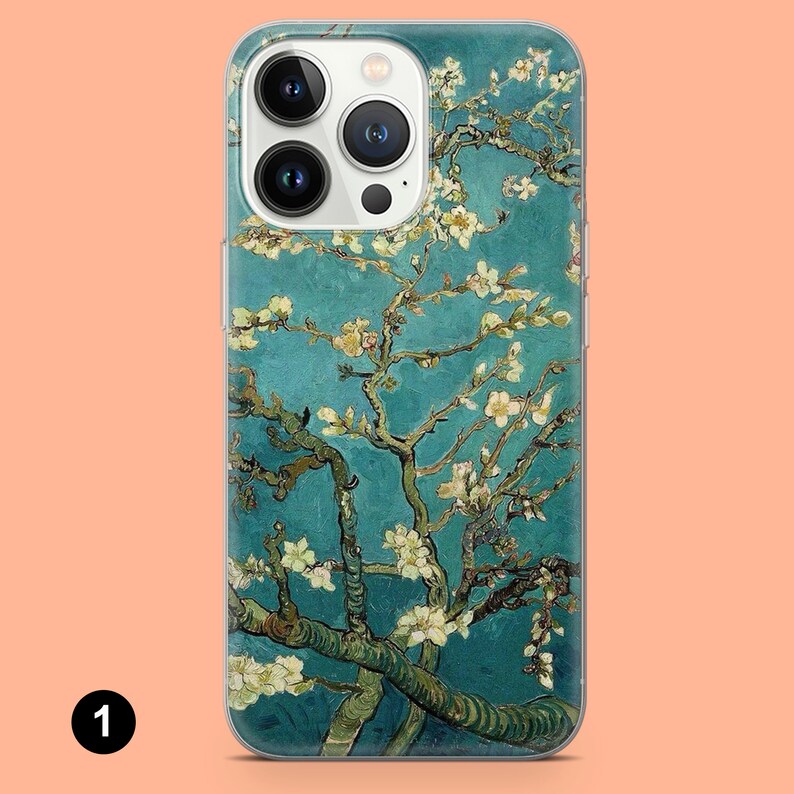 May include: A clear phone case with a printed image of a painting of a blooming almond tree with white flowers against a blue sky. The painting is by Vincent van Gogh.
