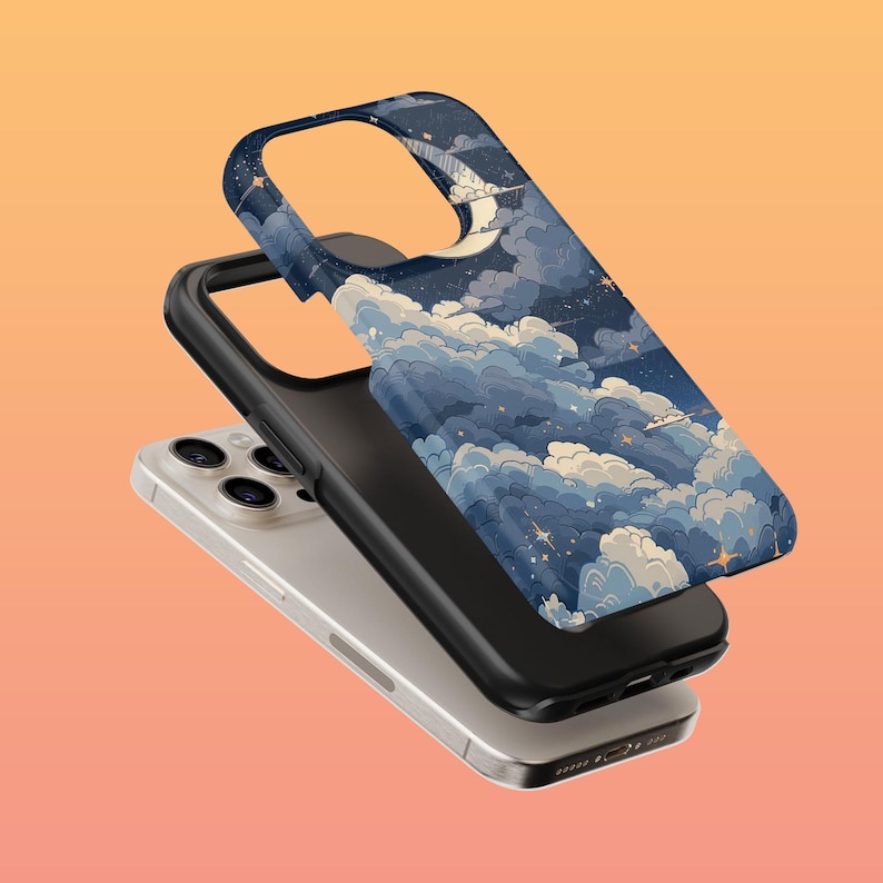 May include: A black phone case with a blue and white design of clouds and stars. The case is shown with a white phone inside.