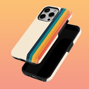 May include: A white phone case with a rainbow stripe design. The case is designed for an iPhone with a camera bump.