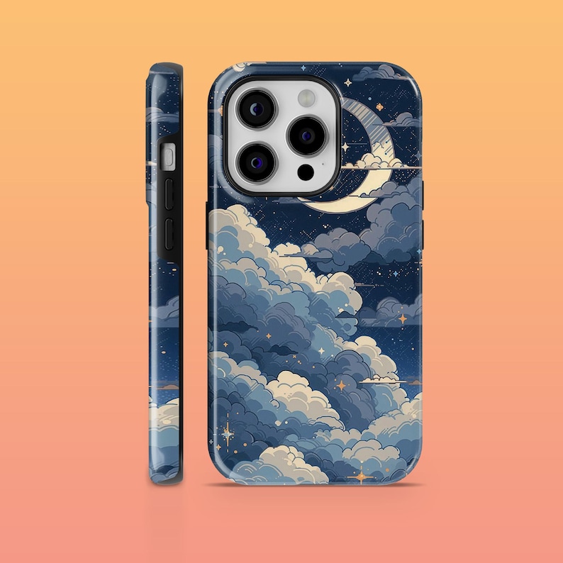 May include: A black phone case featuring a blue and white illustration of clouds and a crescent moon. The case has a cut-out for the phone's camera.