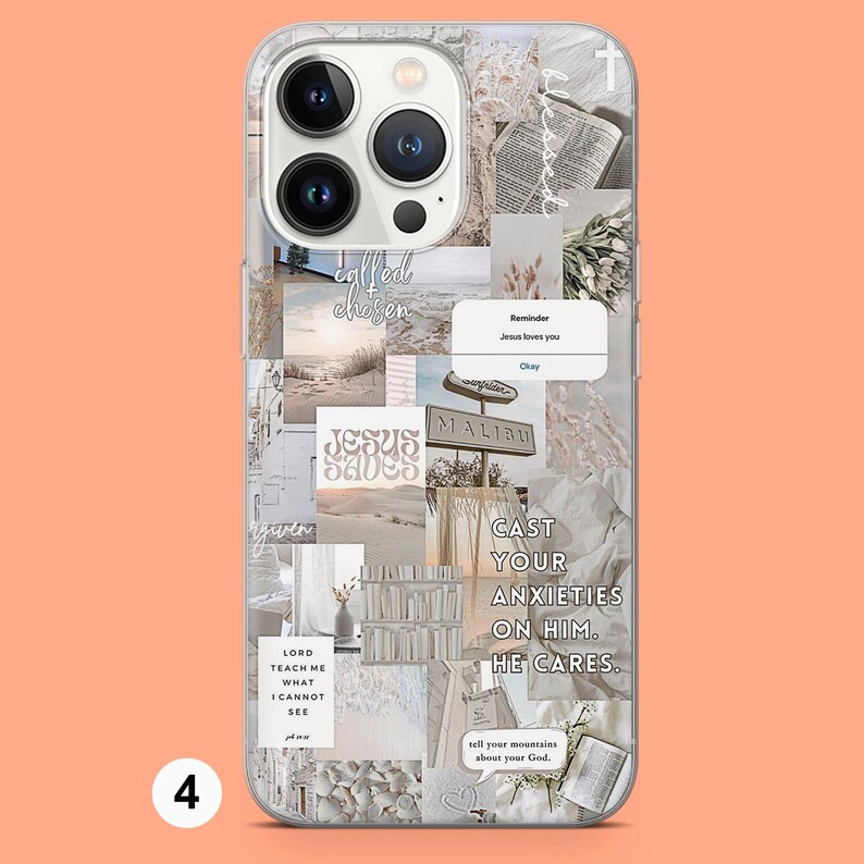 May include: A clear phone case with a collage of images and text. The text includes "Jesus Saves", "Cast Your Anxieties On Him. He Cares." and "Lord Teach Me What I Cannot See".