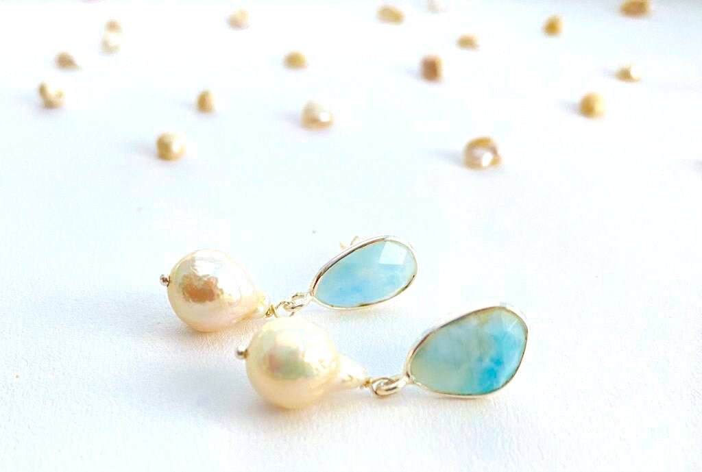 Natural Larimar and Baroque Pearl Earrings 925 Sterling Silver Dangle…