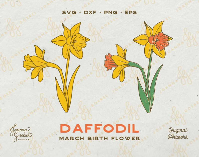 Pu&ograve; includere: Un'illustrazione digitale di due narcisi gialli con centri arancioni. I narcisi sono il fiore di nascita di marzo. Il testo "DAFFODIL" e "MARCH BIRTH FLOWER" &egrave; visualizzato in lettere rosse e bianche. Il testo "Original Artwork" &egrave; visualizzato in lettere marroni.