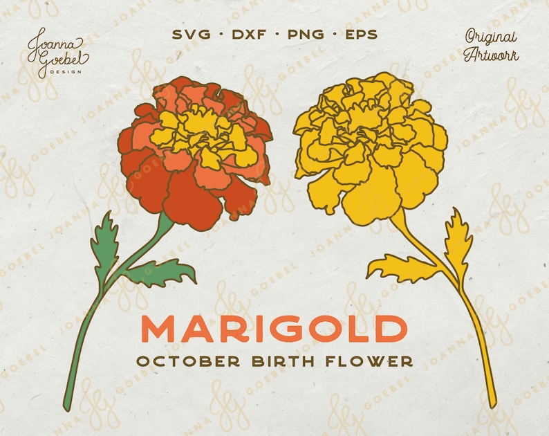 May include: Two marigold flowers, one orange and one yellow, with green stems and leaves. The text "MARIGOLD" and "OCTOBER BIRTH FLOWER" is below the flowers.