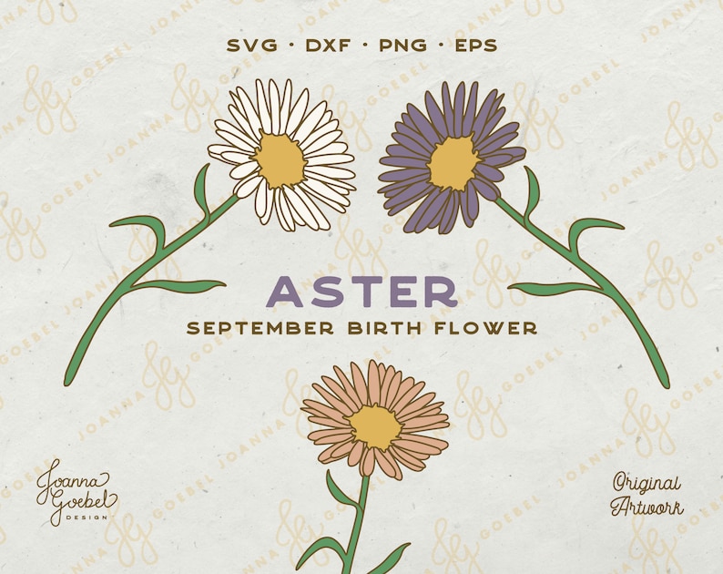 Może przedstawiać: Cyfrowa ilustracja trzech fioletowych, białych i r&oacute;żowych kwiat&oacute;w astry z zielonymi łodygami i liśćmi. Tekst "ASTER" i "SEPTEMBER BIRTH FLOWER" jest napisany brązowymi literami pod kwiatami.