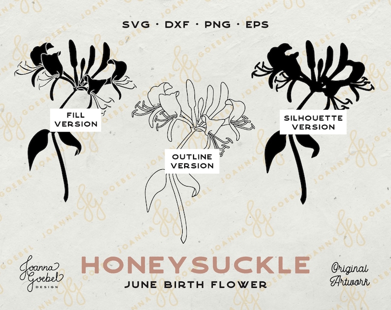 May include: Three versions of a black and white honeysuckle flower illustration. The first version is a filled silhouette, the second is an outline, and the third is a filled silhouette. The text "Honeysuckle June Birth Flower" is below the illustrations.