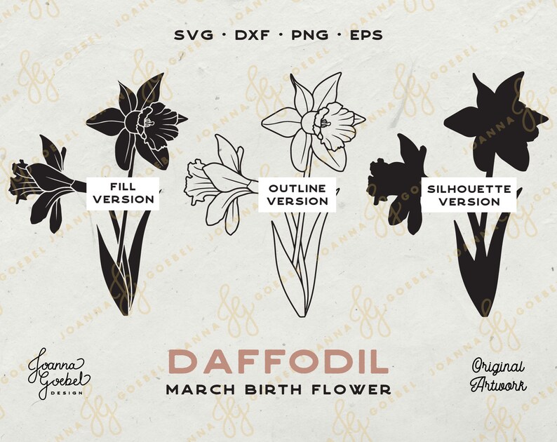 Pu&ograve; includere: Tre versioni di una grafica di fiore di narciso: una versione nera piena, una versione di contorno bianco e una versione di silhouette nera. Il testo "Versione piena", "Versione contorno" e "Versione silhouette" si trova sotto ogni grafica. Il testo "Narciso Fiore di nascita di marzo" si trova sotto le grafiche. Il testo "Opera d'arte originale" si trova nell'angolo in basso a destra.