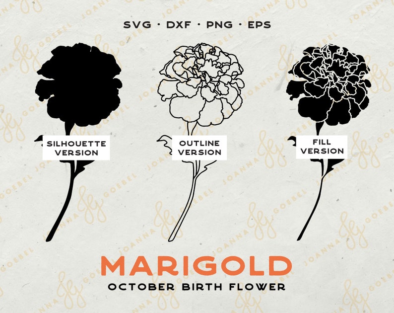 May include: Three versions of a marigold flower graphic: a black silhouette, a white outline, and a filled black version. The text "MARIGOLD" and "OCTOBER BIRTH FLOWER" is below the images.