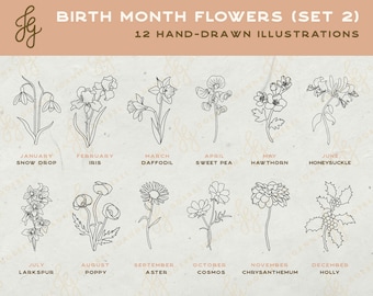 Birth Month Flower SVG Bundle, Botanical Illustrations (Digital Download)