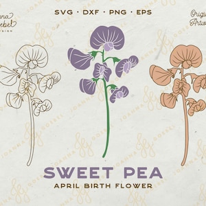 Puede incluir: Tres dibujos lineales de flores de guisante dulce en diferentes colores. La primera flor est&aacute; delineada en oro, la segunda es morada y la tercera es melocot&oacute;n. El texto "SWEET PEA" y "APRIL BIRTH FLOWER" est&aacute; debajo de las flores.