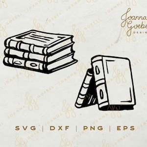 May include: Black and white line art illustration of two stacks of books. The top stack has three books and the bottom stack has two books. The books are stacked on top of each other and have a simple design.