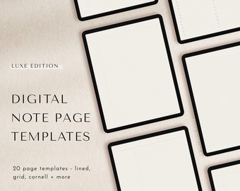 Digital Note Page Templates, 20 lined, grid, cornell notes for portrait PDF journal, Goodnotes, notability ipad planner