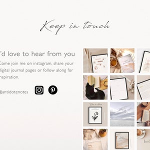 May include: A collage of images featuring digital journal pages, a cat, a book, and a cup of coffee. The text "Keep in touch" and "I'd love to hear from you" is displayed. Social media icons for Instagram and Pinterest are included with the text "@antidotenotes".
