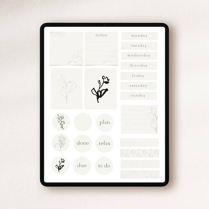 Pode incluir: Um modelo de planejador digital na tela de um tablet com fundo bege. O modelo inclui se&ccedil;&otilde;es para notas, planos, tarefas a fazer e um calend&aacute;rio semanal com os dias da semana listados. O modelo &eacute; decorado com desenhos simples de linhas de folhas e flores.