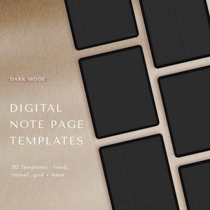 Modelli di pagine digitali in MODALITÀ SCURA, 20 pagine - a righe, griglia, note Cornell per diario PDF con ritratto, Goodnotes, pianificatore iPad notabilità