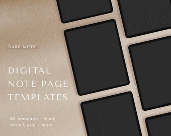 May include: A collection of digital note page templates displayed on tablet screens. The templates include lined, cornell, and grid styles. The background is a brown textured surface. The text "DARK MODE" and "DIGITAL NOTE PAGE TEMPLATES" is displayed on the image. The text "20 Templates - lined, cornell, grid + more" is also displayed on the image.