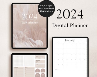 2024 Digital Planner, daily with journal, habit tracker, meals and budget for Goodnotes, ipad, bonus digital stickers