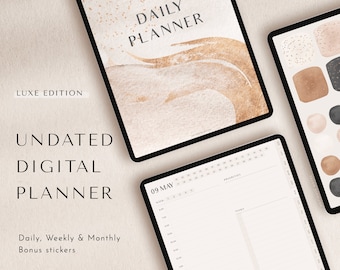 Undated Digital Planner with self care, fitness and budget planner templates, bonus digital stickers for goodnotes, notability, ipad planner