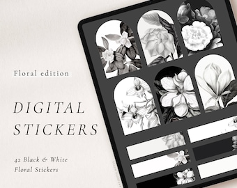 Digital stickers - Floral Black & White, botanical PNG stickers for ipad planner, Goodnotes journal