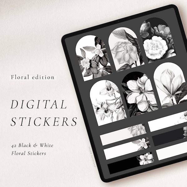 Digital stickers - Floral Black & White, botanical PNG stickers for ipad planner, Goodnotes journal