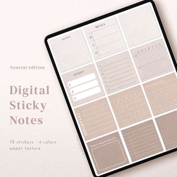 Digital sticky notes | neutral tones, ipad stickers digital planner, to do lists, habits, gratitude stickers, Goodnotes PNG