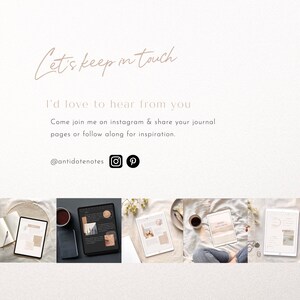 Pode incluir: Uma colagem de imagens mostrando diferentes maneiras de usar um planejador digital. As imagens mostram um planejador digital aberto em um tablet, uma x&iacute;cara de caf&eacute; e um par de m&atilde;os segurando um tablet. O texto "Let's keep in touch" e "I'd love to hear from you" &eacute; exibido no topo da imagem. O texto "Come join me on instagram & share your journal pages or follow along for inspiration." &eacute; exibido abaixo das imagens. O texto "@antidotenotes" &eacute; exibido na parte inferior da imagem.