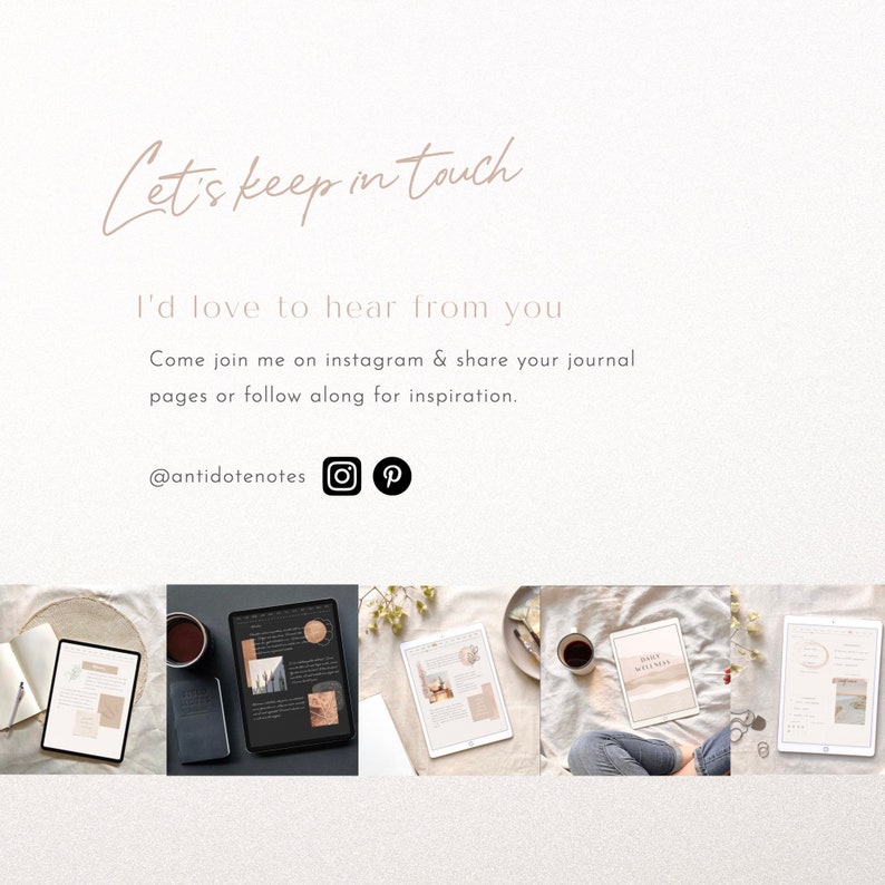 Pode incluir: Uma colagem de imagens mostrando diferentes maneiras de usar um planejador digital. As imagens mostram um planejador digital aberto em um tablet, uma x&iacute;cara de caf&eacute; e um par de m&atilde;os segurando um tablet. O texto "Let's keep in touch" e "I'd love to hear from you" &eacute; exibido no topo da imagem. O texto "Come join me on instagram & share your journal pages or follow along for inspiration." &eacute; exibido abaixo das imagens. O texto "@antidotenotes" &eacute; exibido na parte inferior da imagem.