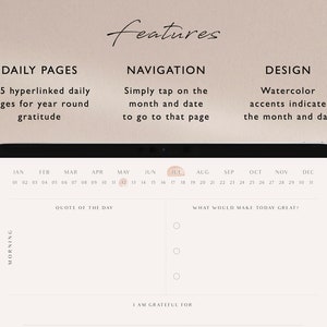 May include: A digital planner app interface with a calendar view, a quote of the day section, and a "What would make today great?" section. The app features watercolor accents to indicate the month and day.