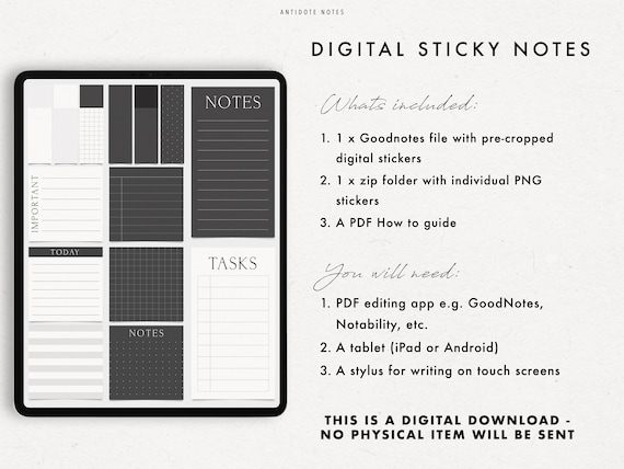 Digital Sticky Notes Black & White, iPad Stickers Digital Planner, to Do  Lists, Notes Stickers, Goodnotes PNG 