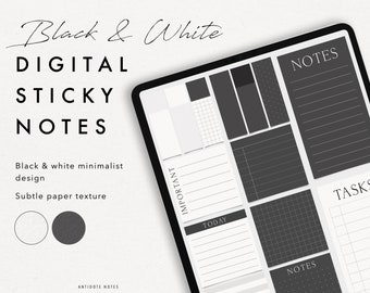 Notas adesivas digitais | Preto e branco, planejador digital de adesivos para ipad, listas de tarefas, adesivos de notas, Goodnotes, PNG