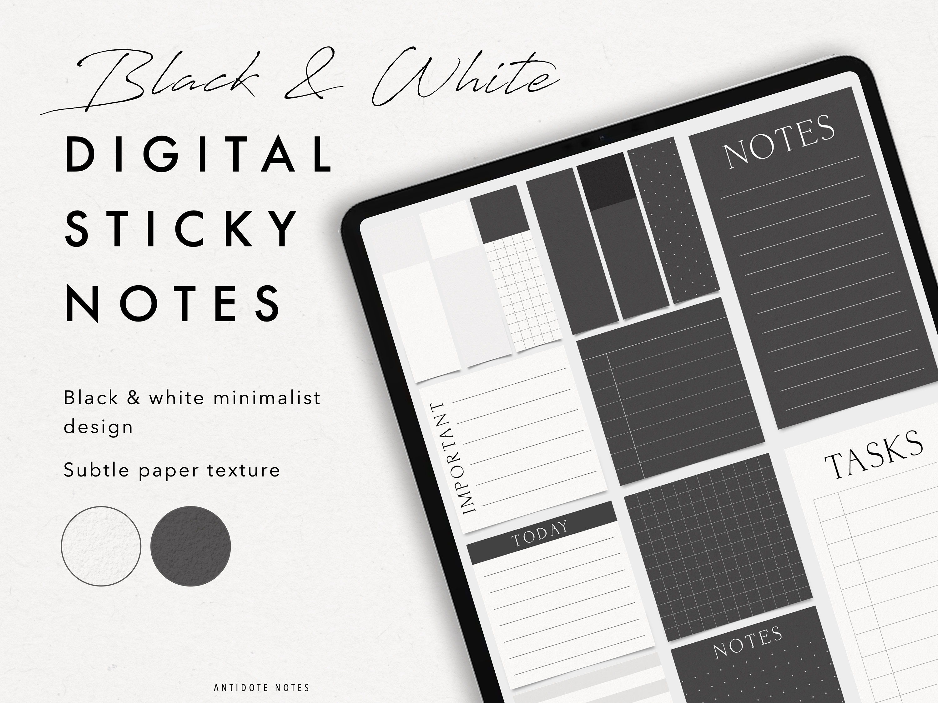 Digital Sticky Notes Black & White, iPad Stickers Digital Planner