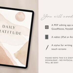May include: A digital printable daily gratitude journal with a watercolor background in shades of brown and beige. The text "DAILY GRATITUDE" is displayed on the screen of a tablet.